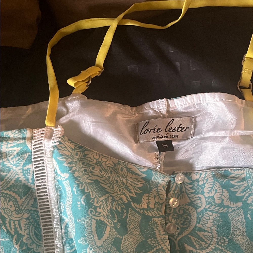 Lorie Lester Blue and White Dress with Yellow Straps